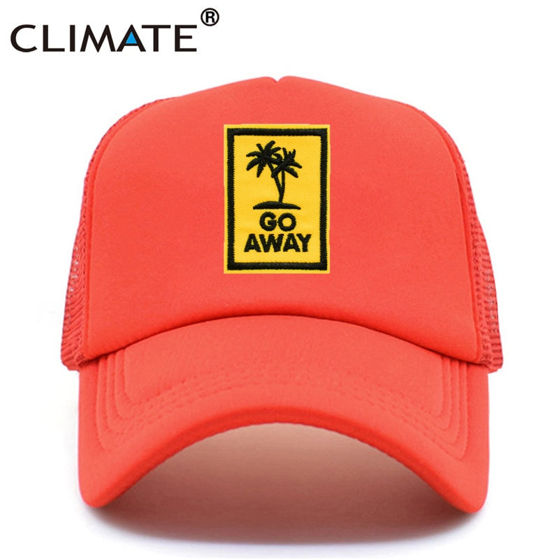 CLIMATE Go Away Trucker Cap Hat Seaside Vacation Caps Sandbeach Coconut Holiday Mesh Cap HipHop Hat for Men Women Youth