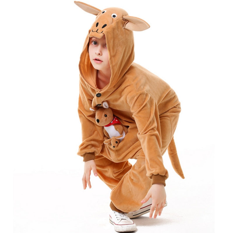 Children Cute Cartoon Jumpsuit Girls Boy Halloween Animal Kangaroo Hooded Costume And Kangaroo Figurine Set