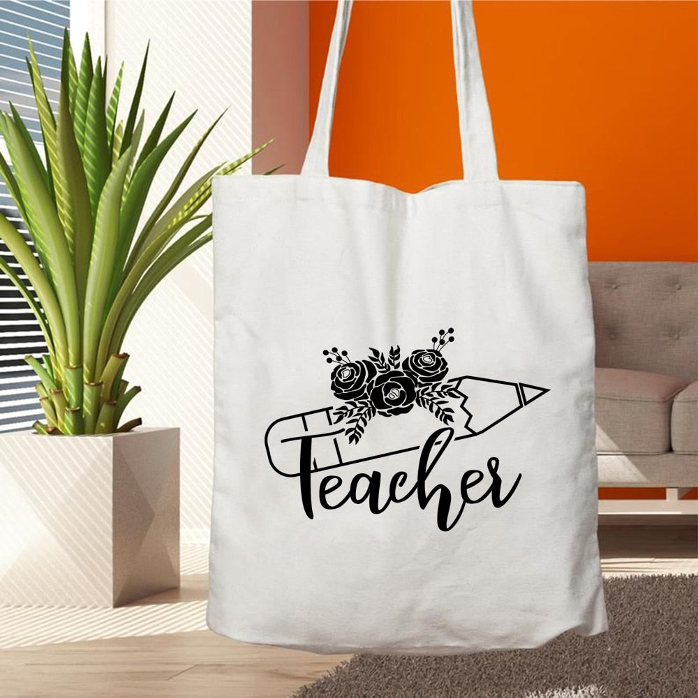 Teacher Life Canvas Shopping Tote Bag Reusable Love Printing Women Eco Shoulder Bag Book Bag Gift for Teacher Handbag Shopper