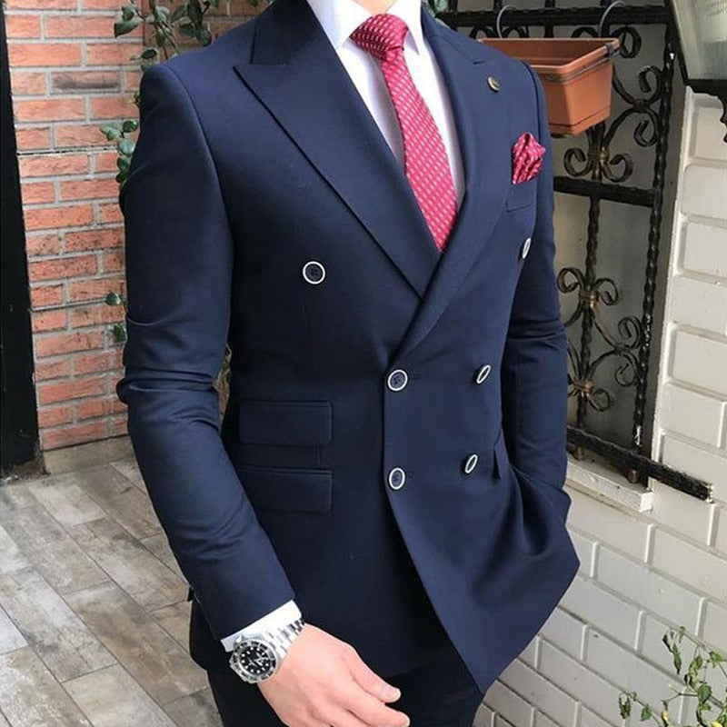 Double Breasted Slim Fit Men Suits for Groomsmen 2 Piece Wedding Tuxedo with Peaked Lapel Gray Male Fashion Costume Jacket Pants
