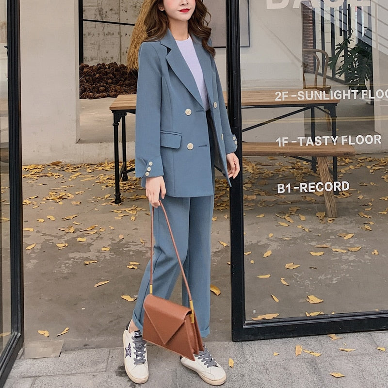 BGTEEVER Fashion Women Blazer Suits Long Sleeve Double- breasted Blazer Pants Suit Office Ladies Two-piece Blazer Sets 2020