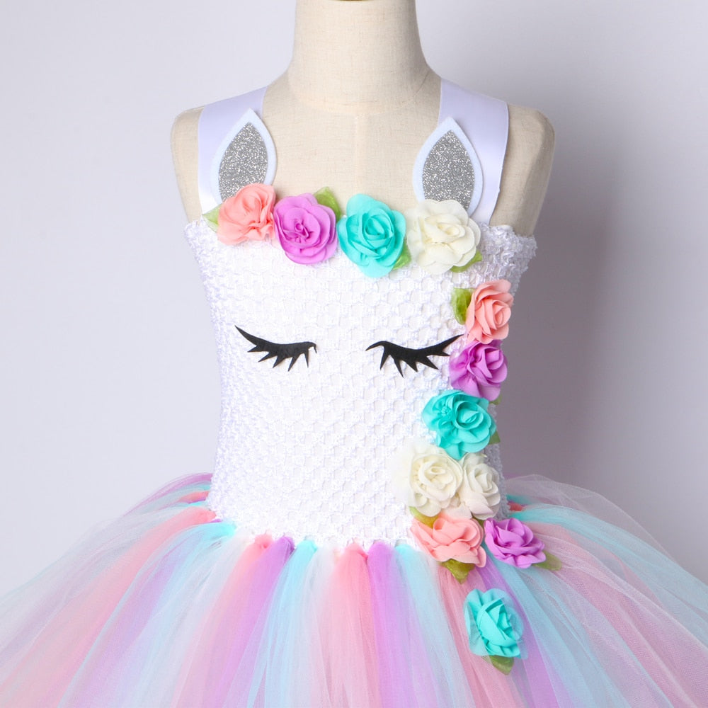 Flower Girls Unicorn Dress Pastel Rainbow Girls Birthday Party Tutu Dress Children Kids Halloween Princess Unicorn Costume 1-14Y