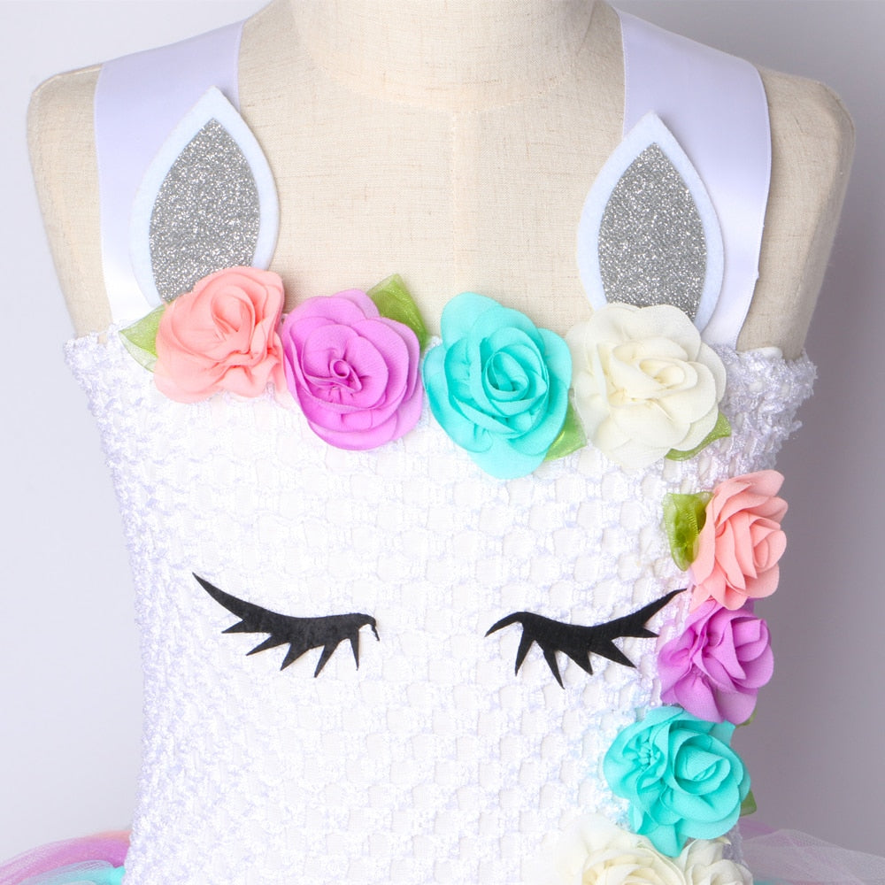 Flower Girls Unicorn Dress Pastel Rainbow Girls Birthday Party Tutu Dress Children Kids Halloween Princess Unicorn Costume 1-14Y