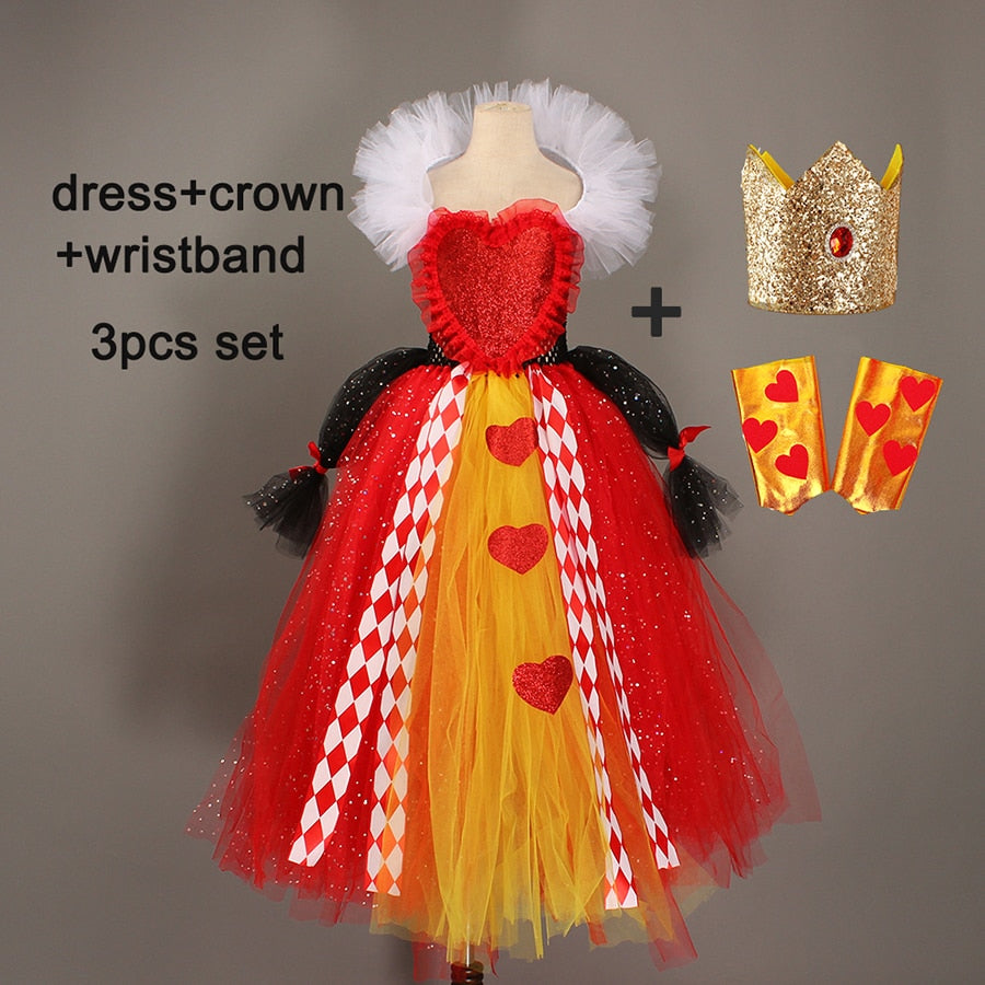Girl Queen of Hearts Costume Wonderland Fairy Tale Fancy Dress Sparkly Kids Evil Red Queen Tutu Dress Halloween Villain Clothes