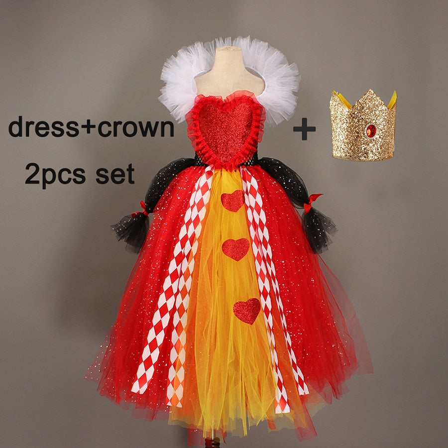 Girl Queen of Hearts Costume Wonderland Fairy Tale Fancy Dress Sparkly Kids Evil Red Queen Tutu Dress Halloween Villain Clothes