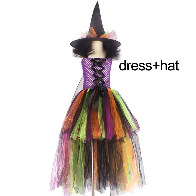 Girls Halloween Witch Tutu Dress Rainbow Trailing Tulle Kids Carnival Cosplay Party Dress Children Fancy Ball Gown Dress Costume