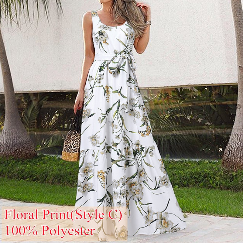 Summer Bohemian Holiday Long Dress Celmia Floral Print Beach Dress Women Sleeveless Maxi Sundress Casual Loose Party Vestidos