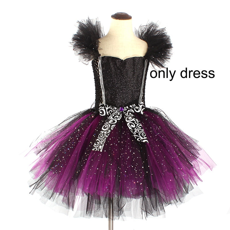 Girls Evil Dark Fairy Witch Tutu Dress with Horns and Wings Sparkly Kids Halloween Cosplay Party Costume Fancy Evil Devil Dress