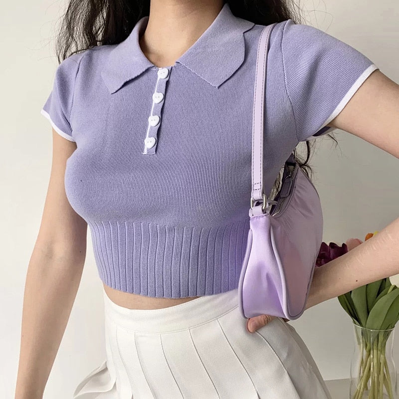 ITOOLIN Summer 2022 Women's Polo Shirts Slim Cute Crop Tops Female Button Up T-shirt Knitted Blouses Femme Short Sleeve Polo Tee