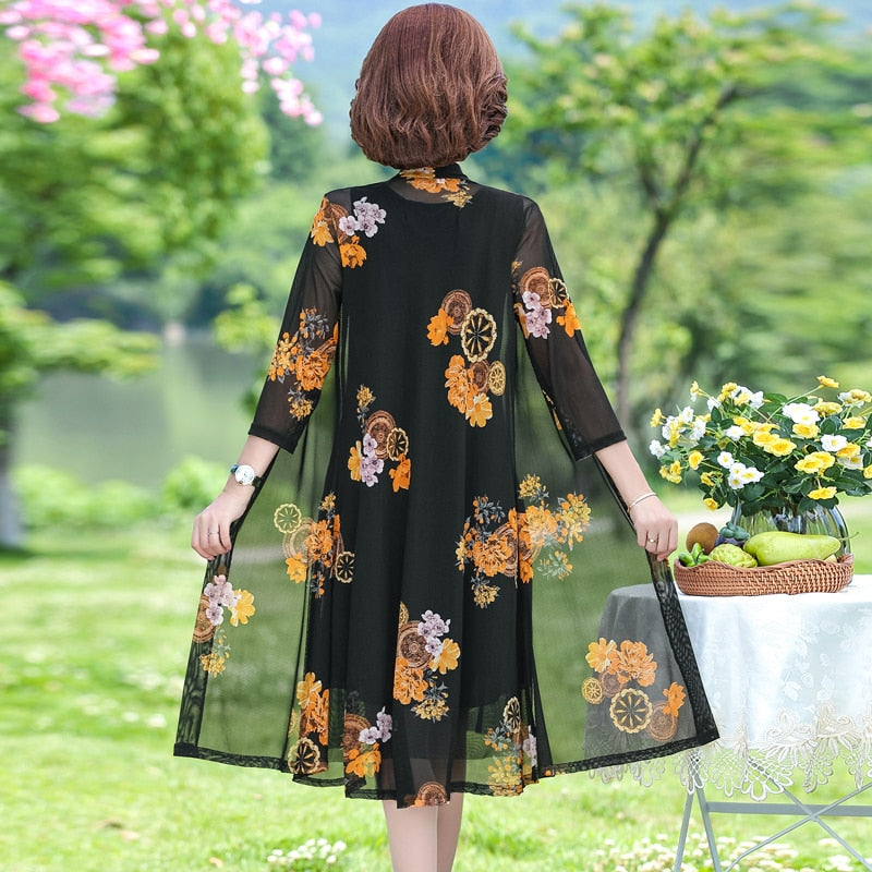 Summer Floral Print 2 piece set dress cardigan women party midi dresses elegant vintage robe femme 5xL