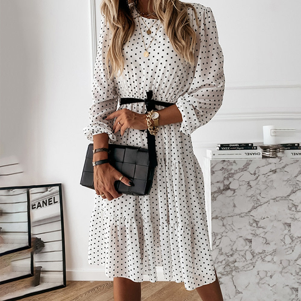 Vintage Polka Dot Sashes A-line Party Women Dress Long Sleeve O neck Ruffled Elegant Midi Dress 2021 Summer Holiday Dress Boho