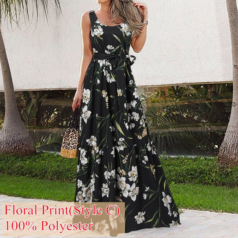 Summer Bohemian Holiday Long Dress Celmia Floral Print Beach Dress Women Sleeveless Maxi Sundress Casual Loose Party Vestidos