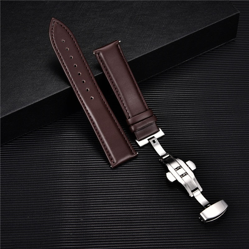 Smooth Genuine Calfskin Leather Watchband 18mm 20mm 22mm 24mm Straps with Solid Automatic Butterfly Buckle Business Watch Band