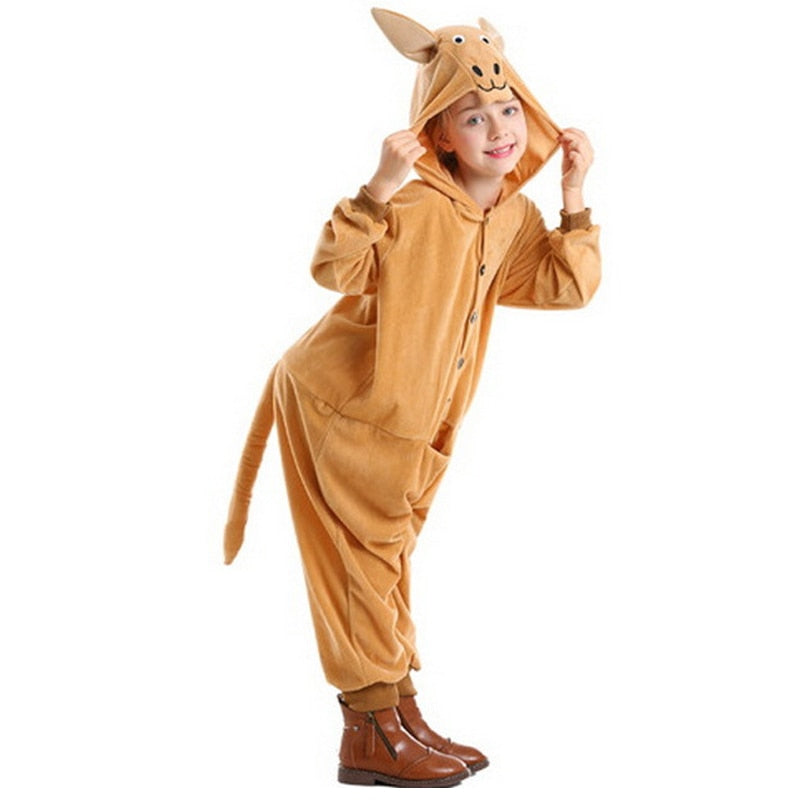 Children Cute Cartoon Jumpsuit Girls Boy Halloween Animal Kangaroo Hooded Costume And Kangaroo Figurine Set