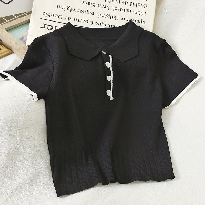 ITOOLIN Summer 2022 Women's Polo Shirts Slim Cute Crop Tops Female Button Up T-shirt Knitted Blouses Femme Short Sleeve Polo Tee