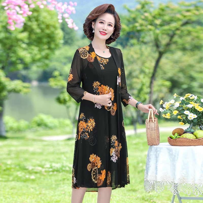 Summer Floral Print 2 piece set dress cardigan women party midi dresses elegant vintage robe femme 5xL