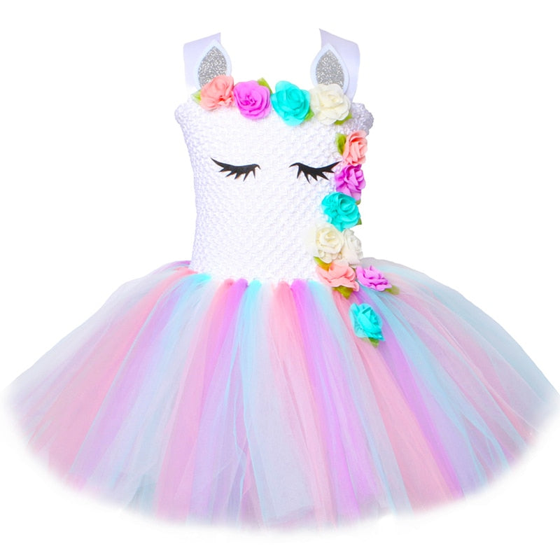 Flower Girls Unicorn Dress Pastel Rainbow Girls Birthday Party Tutu Dress Children Kids Halloween Princess Unicorn Costume 1-14Y