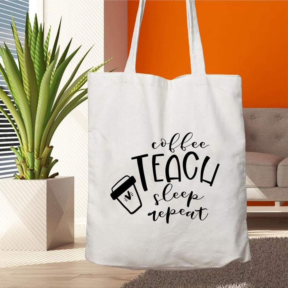 Teacher Life Canvas Shopping Tote Bag Reusable Love Printing Women Eco Shoulder Bag Book Bag Gift for Teacher Handbag Shopper