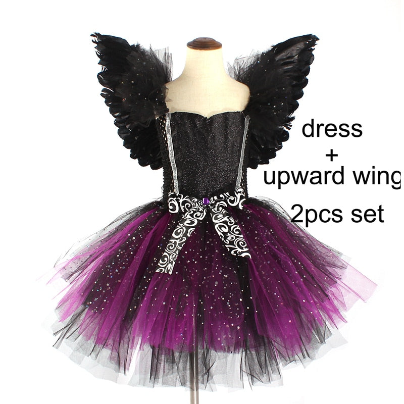 Girls Evil Dark Fairy Witch Tutu Dress with Horns and Wings Sparkly Kids Halloween Cosplay Party Costume Fancy Evil Devil Dress
