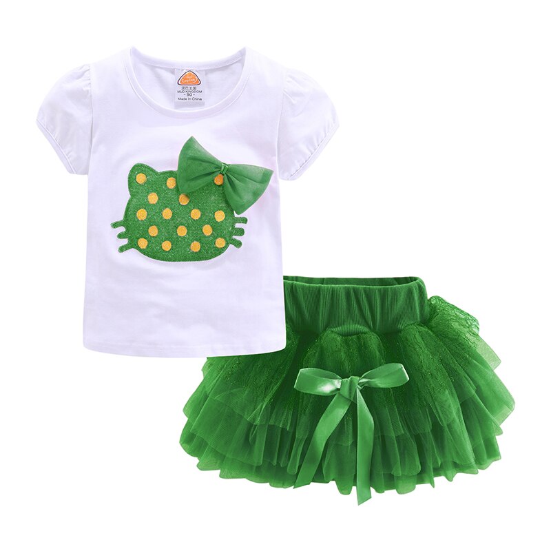 Mudkingdom Cute Summer Girls Outfits Cartoon Cat T-shirt and Tutu Skirt Set for Girl Princess Clothes Suit Children Clothing
