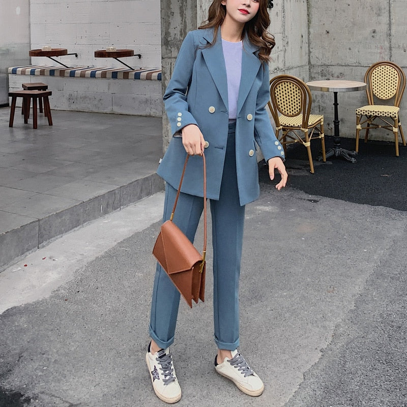 BGTEEVER Fashion Women Blazer Suits Long Sleeve Double- breasted Blazer Pants Suit Office Ladies Two-piece Blazer Sets 2020