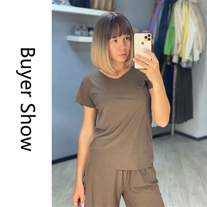 Summer Two Piece Set Women T Shirt and Pants Ice Silk Trouser Suits Loose 2 Piece Sets Womens V Neck T Shirts and Wide Leg Pants