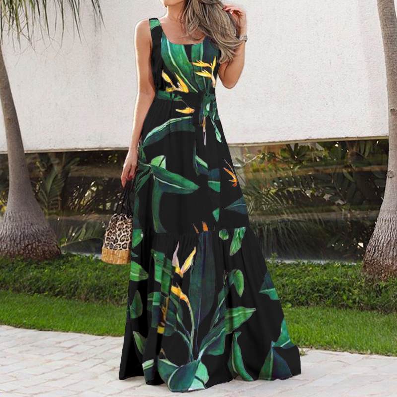 Summer Bohemian Holiday Long Dress Celmia Floral Print Beach Dress Women Sleeveless Maxi Sundress Casual Loose Party Vestidos