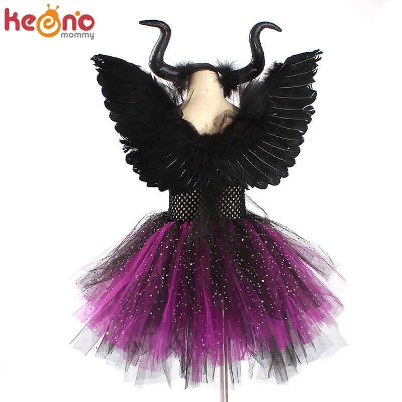 Girls Evil Dark Fairy Witch Tutu Dress with Horns and Wings Sparkly Kids Halloween Cosplay Party Costume Fancy Evil Devil Dress