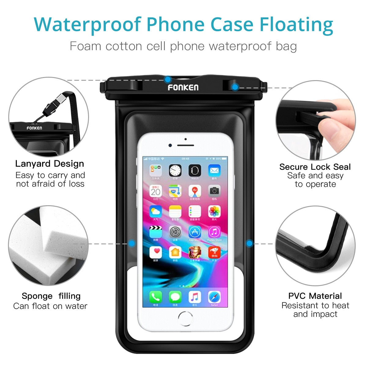 FONKEN Waterproof Case For Phone Cover Sea Swim Float Bag Underwater Swimming Dry Bag 6.5 inch Smartphone Sponge Floating Pouch