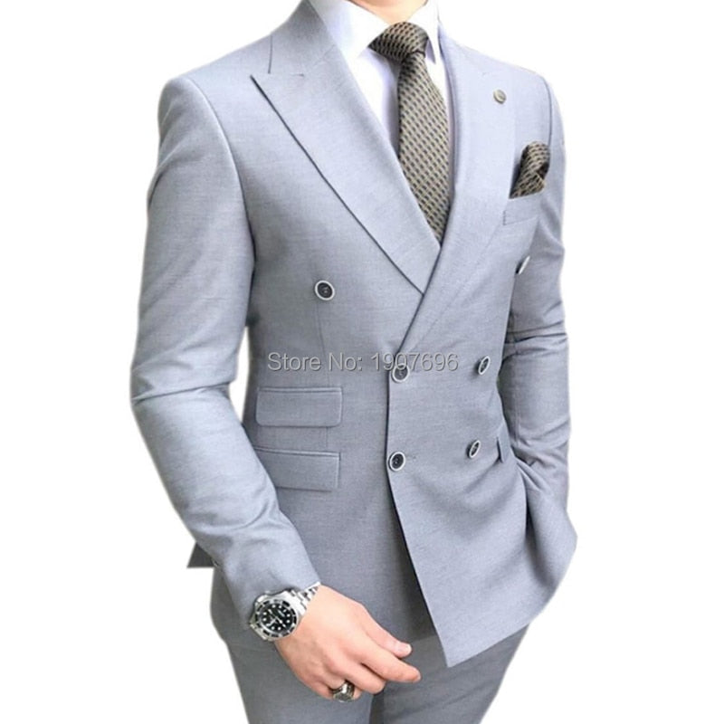 Double Breasted Slim Fit Men Suits for Groomsmen 2 Piece Wedding Tuxedo with Peaked Lapel Gray Male Fashion Costume Jacket Pants