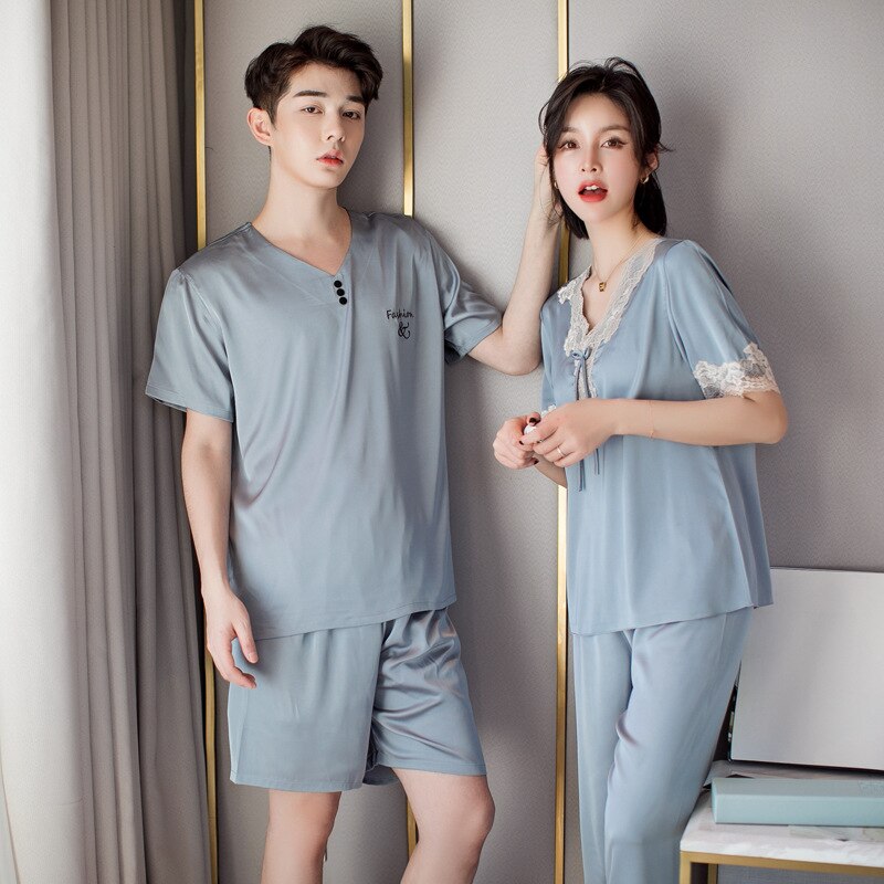 Silk Pajama Sets Sleepwear Suits Short Couples Pyjamas Male Satin Men's Pajamas Casual Sleepwear Men's Summer XXXL