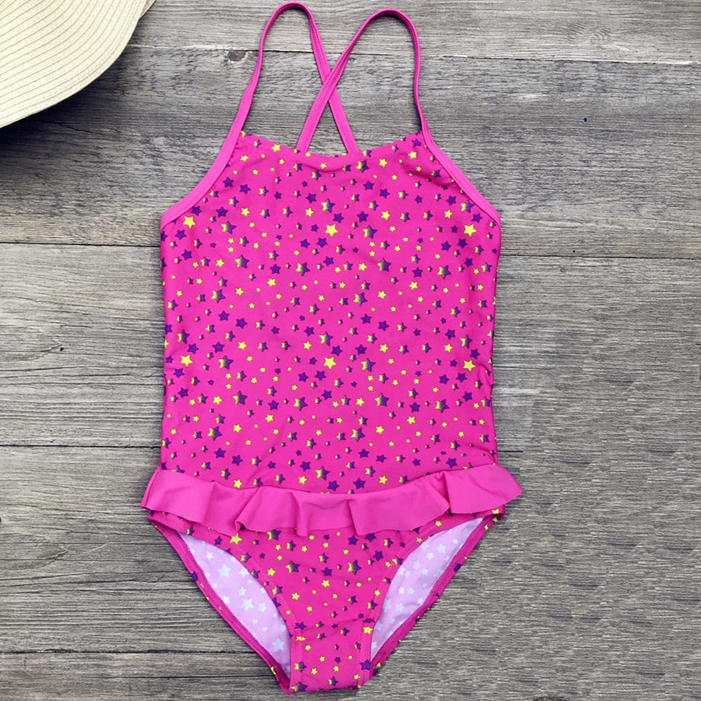 Girls One Piece Swimwear Black Star Pattern Girl Bodysuit Children Swimsuits Kids Bathing Suits 5-12 Years Girls Swim Beach Wear