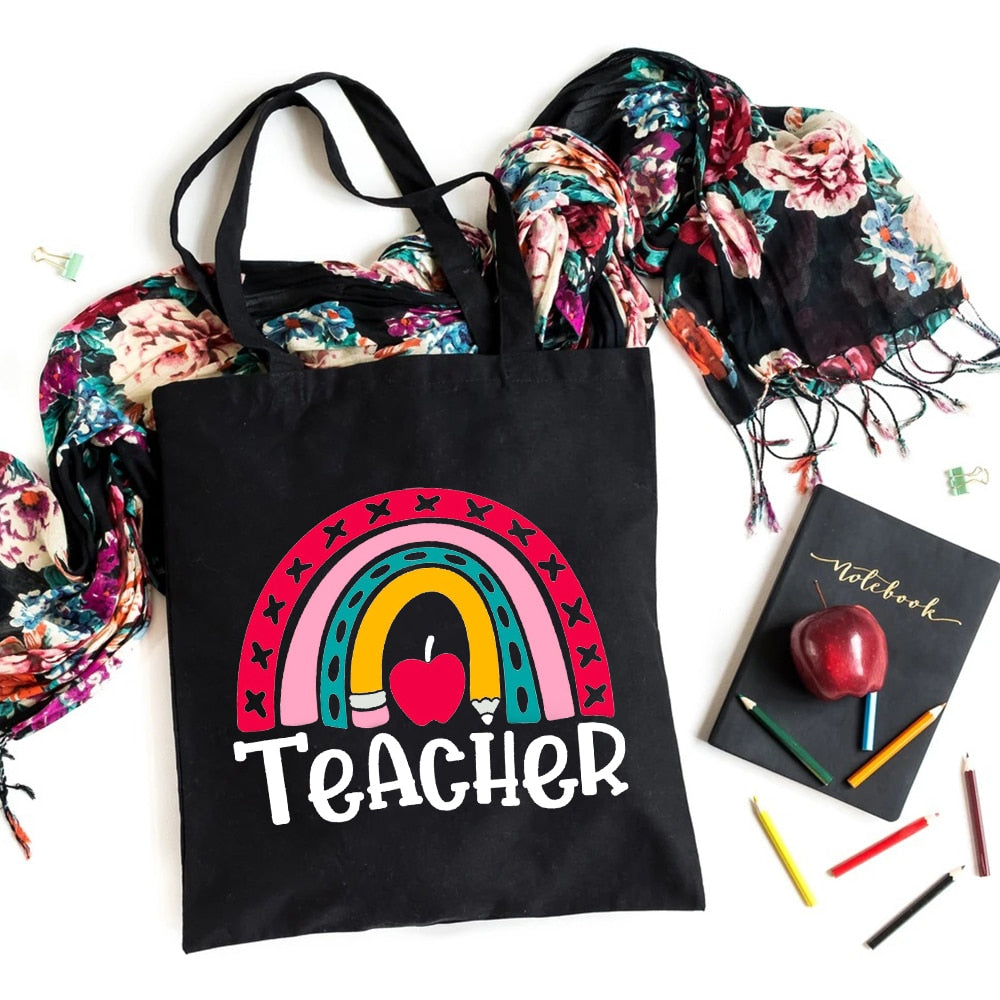 I'm A Teacher What's Your Superpower Teacher Life Canvas Black Shopping Tote Bag Reusable Shoulder Cloth Book Bag Gift Handbag