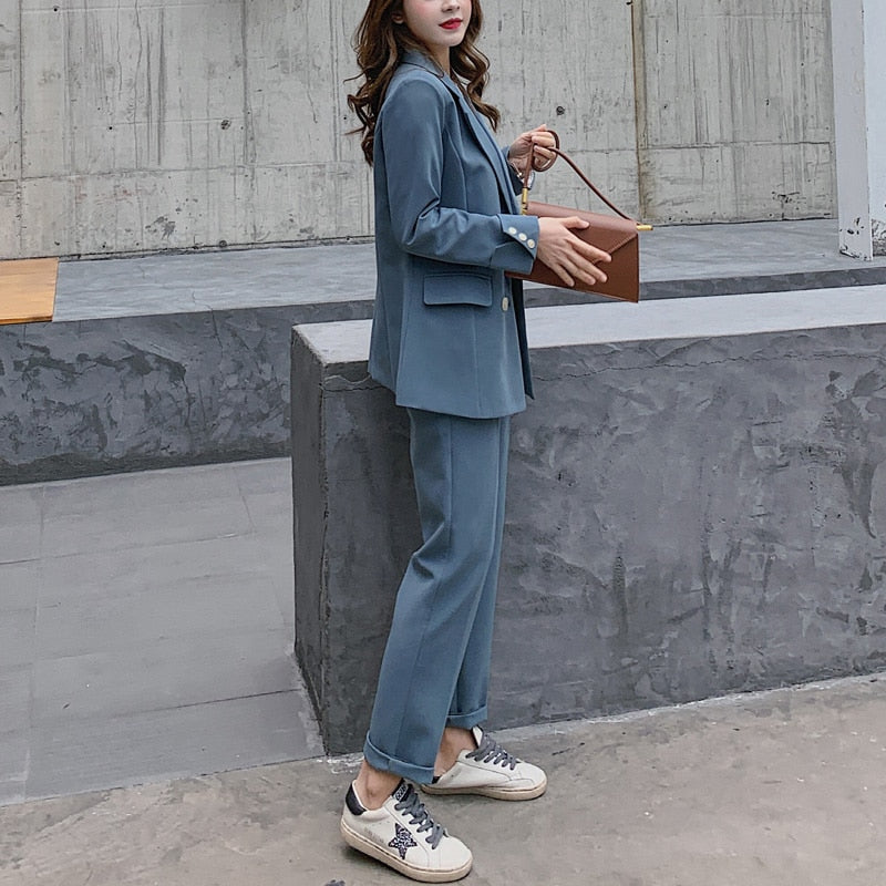 BGTEEVER Fashion Women Blazer Suits Long Sleeve Double- breasted Blazer Pants Suit Office Ladies Two-piece Blazer Sets 2020