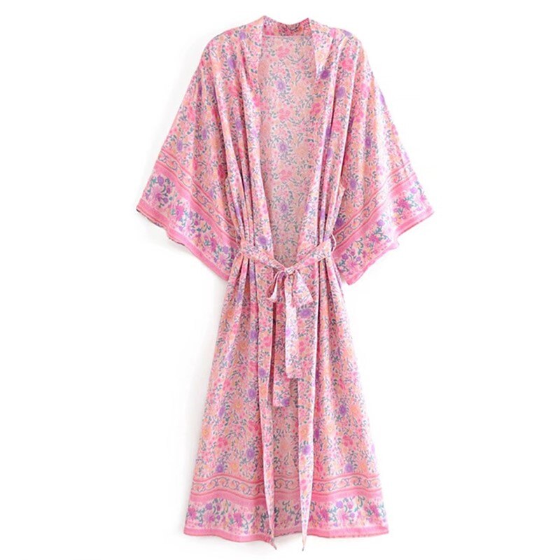 BOHO Location Floral Print Long Kimono Shirt Beige Hippie Women Lacing up Tie Bow Sashes Long Cardigan Loose Blouse Tops Holiday