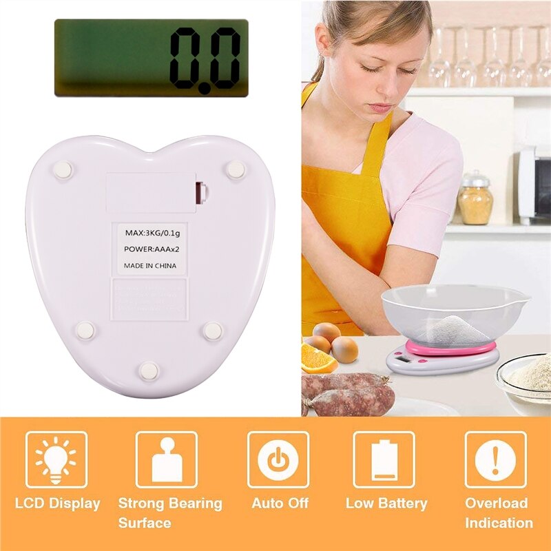 Portable Digital Kitchen Scale LCD Monitor Auto Zero Auto Poweroff Solid Heart Shape Gift For Measuring Weight Food Water Powder