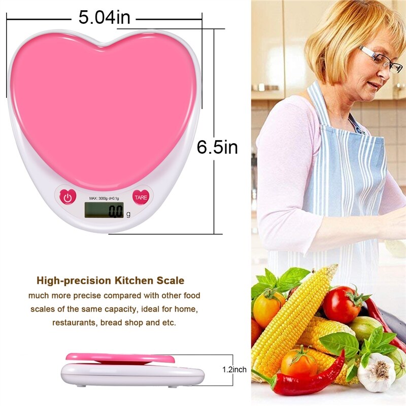 Portable Digital Kitchen Scale LCD Monitor Auto Zero Auto Poweroff Solid Heart Shape Gift For Measuring Weight Food Water Powder