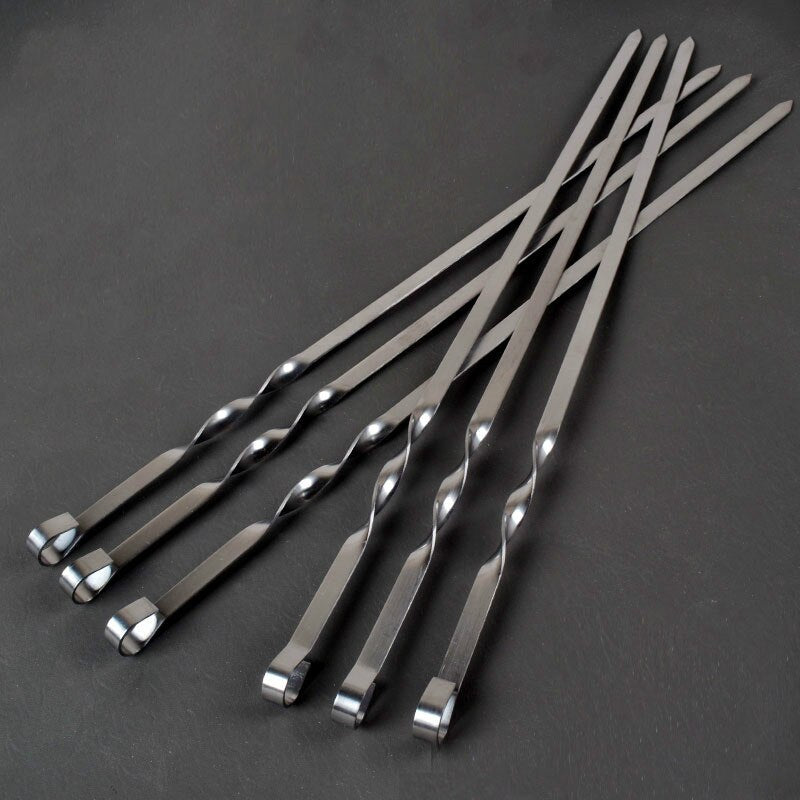 21.6'' 55CM Stainless Steel Barbecue Skewer Sticks BBQ Forks Set Long Handle Kabob Skewers Flat Heavy Duty Camping Tools 6-12pcs