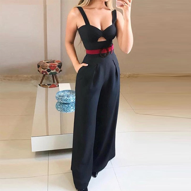 Twist Cutout Front Wide Leg Spaghetti Straps Sleeveless Jumpsuit Women Mid Waist Wide Leg Highstreet Summer Slim Jumpsuits