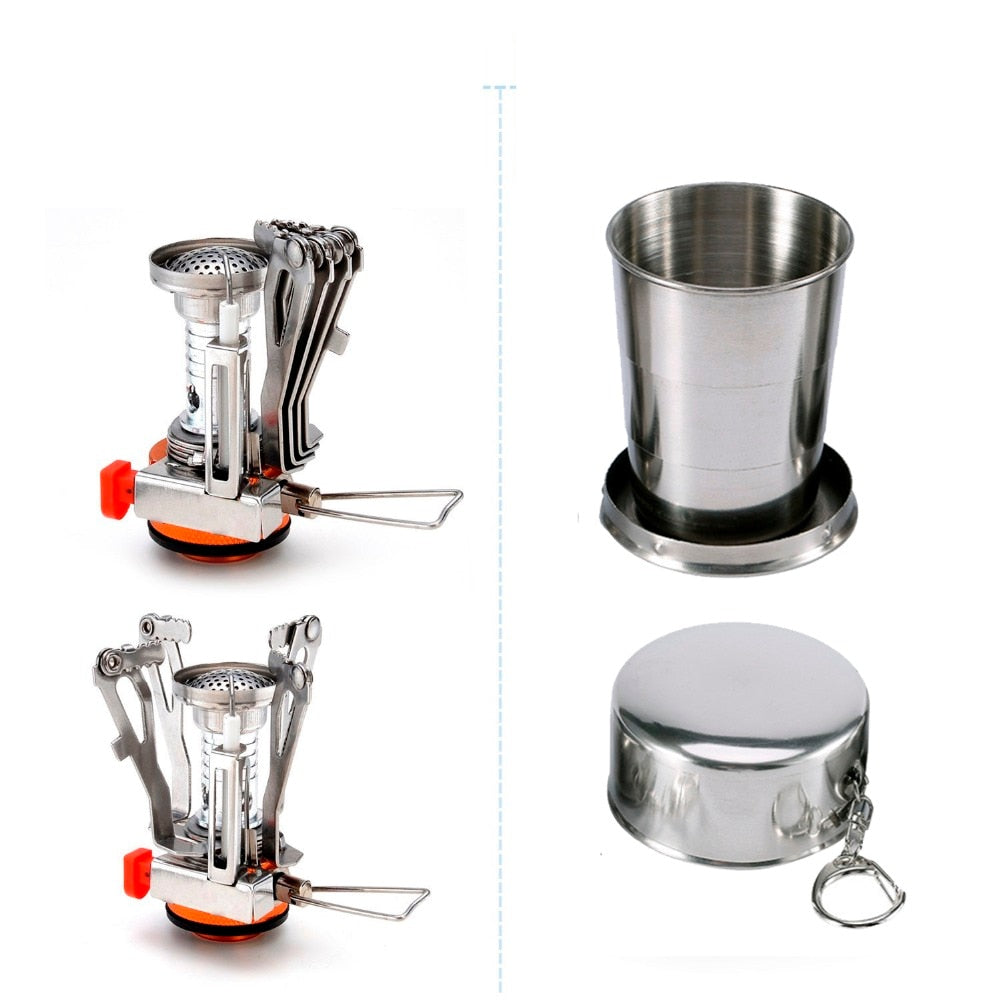 1Set  Camping Pot Cookware Sets Mini Gas Stove With Stand Fork Spoon Knife  Utensils Outdoor Tableware Dinner Picnic Tableware