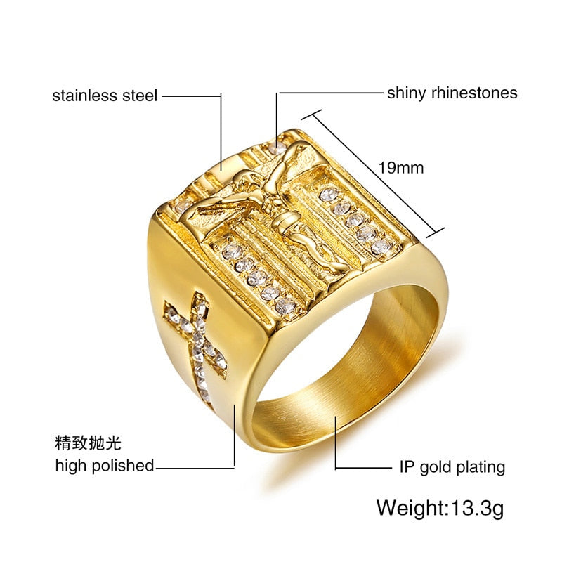 Vnox Punk Jesus Christ Cross Chunky Ring for Men Stainless Steel Crystals Religion Prayer Male Hip-hop Jewelry Gold Color