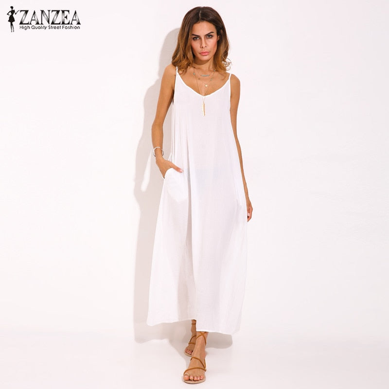 Vestidos 2023 Summer ZANZEA Women  Strapless Sexy V Neck Sleeveless Dress Casual Loose Long Maxi Solid Dress White Oversized