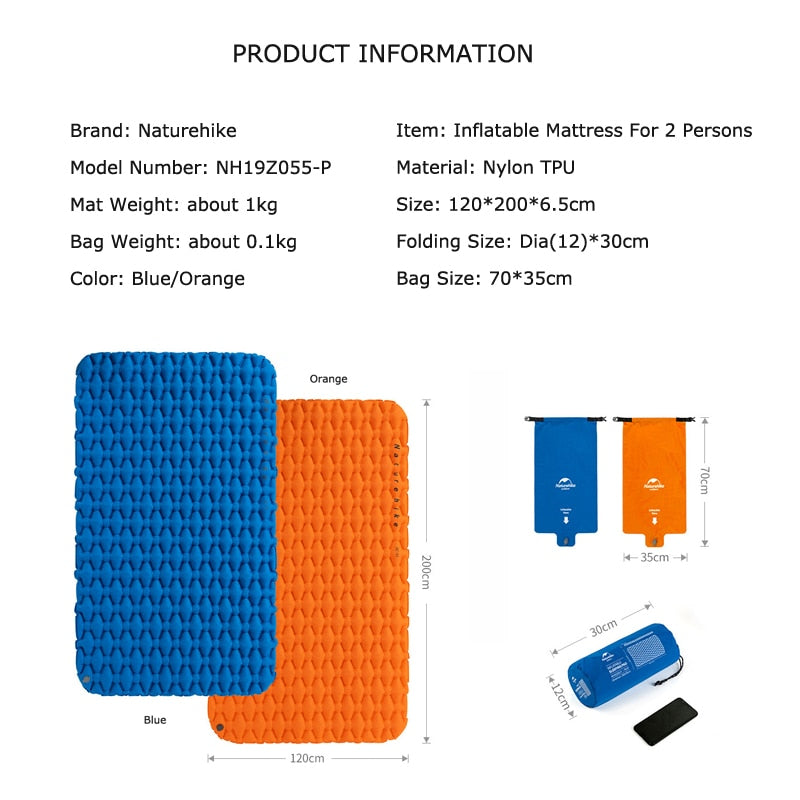Naturehike Outdoor Camping Inflatable Cushion Moisture-proof Sleeping Bag Mattress Mat Pad With Inflatable Bag For 1-2 Persons