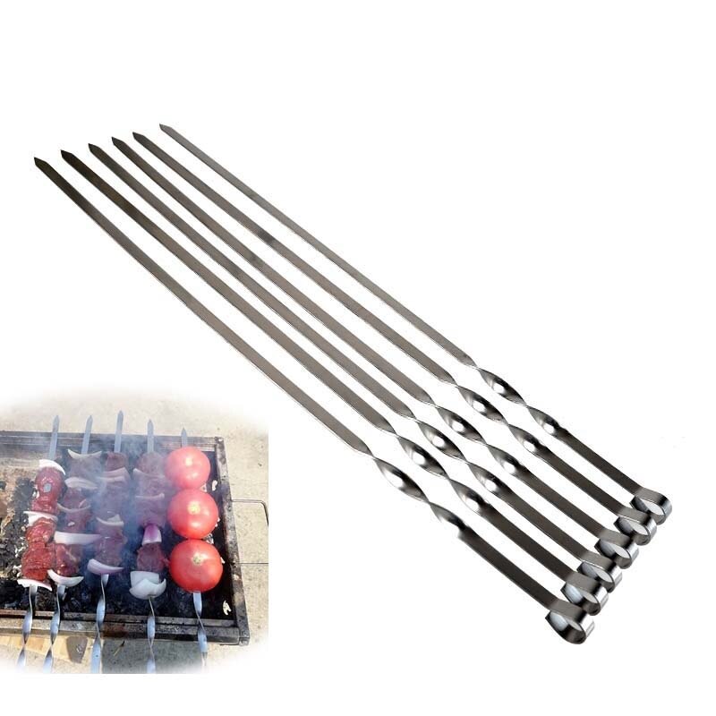 21.6'' 55CM Stainless Steel Barbecue Skewer Sticks BBQ Forks Set Long Handle Kabob Skewers Flat Heavy Duty Camping Tools 6-12pcs