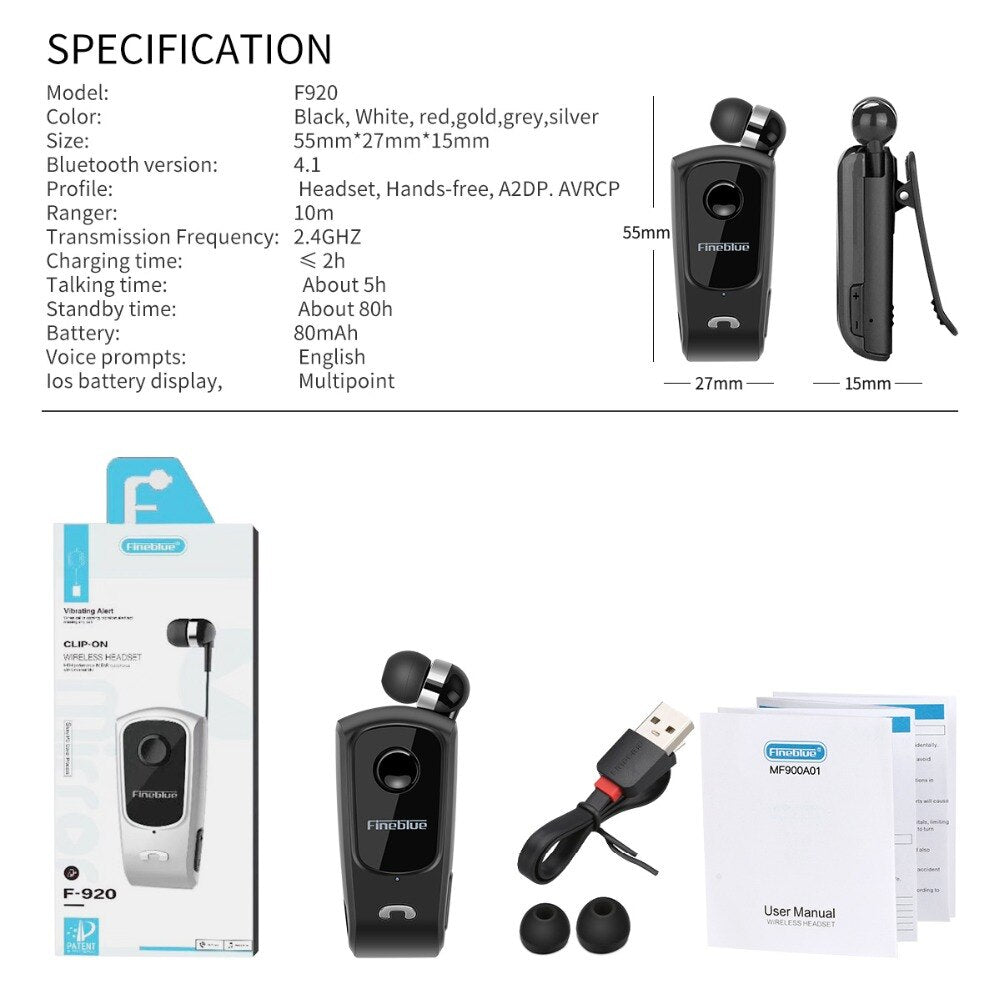 Fineblue F920 Mini Wireless Bluetooth Earphone  Telescopic Type Business Earphone Vibration Alert Wear Stereo Sport Earphone