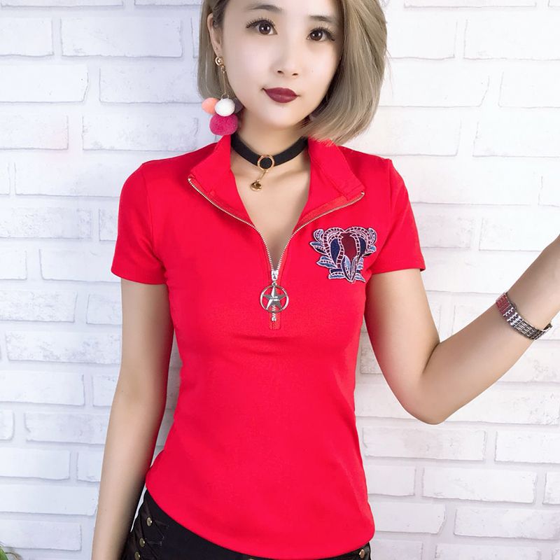 Polo Shirt Women Summer Short Sleeve Appliques Embroidery Cotton Slim Zipper Top t-shirt Clothes Camiseta Mujer T93728