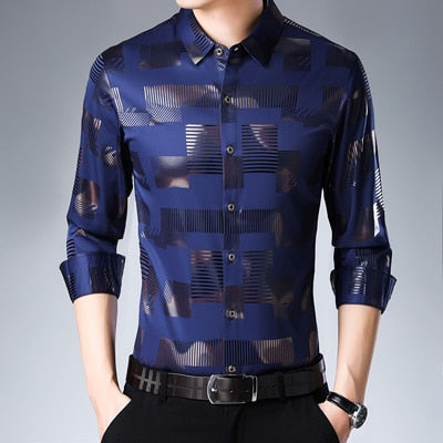 MIACAWOR New Business Casual Shirts Men Fashion Print Slim Fit Dress Shirt Long Sleeve Camisa Masculina Plus Size Clothes C457
