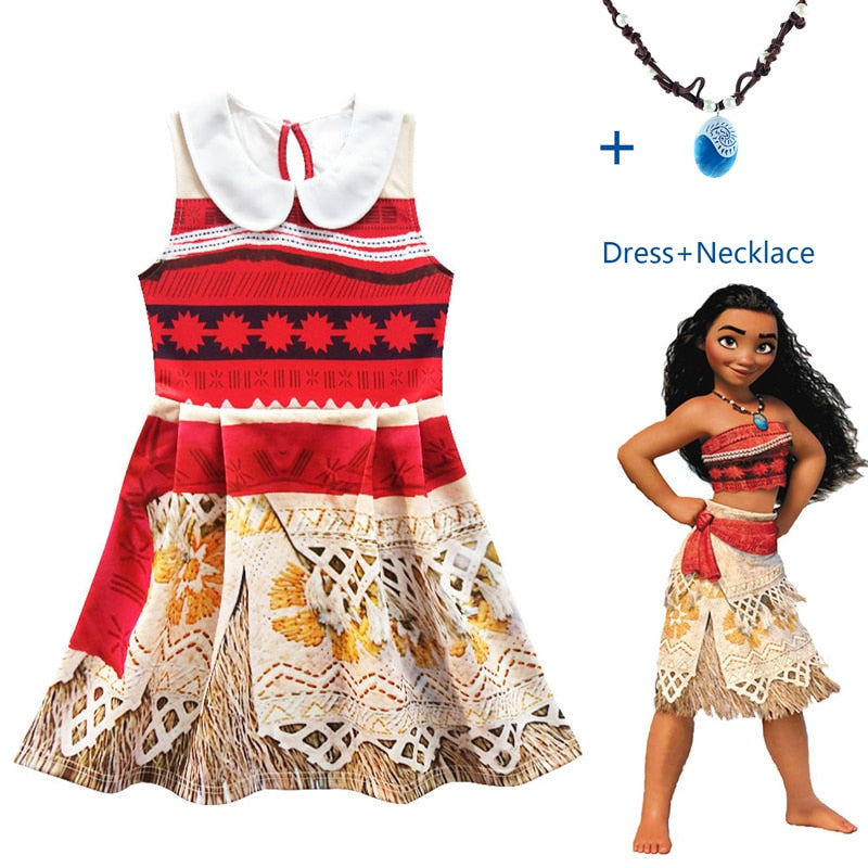 Princess Moana Cosplay Costume for Children Vaiana dress Costume with Necklace for Halloween Costumes for Kids Girls Gifts