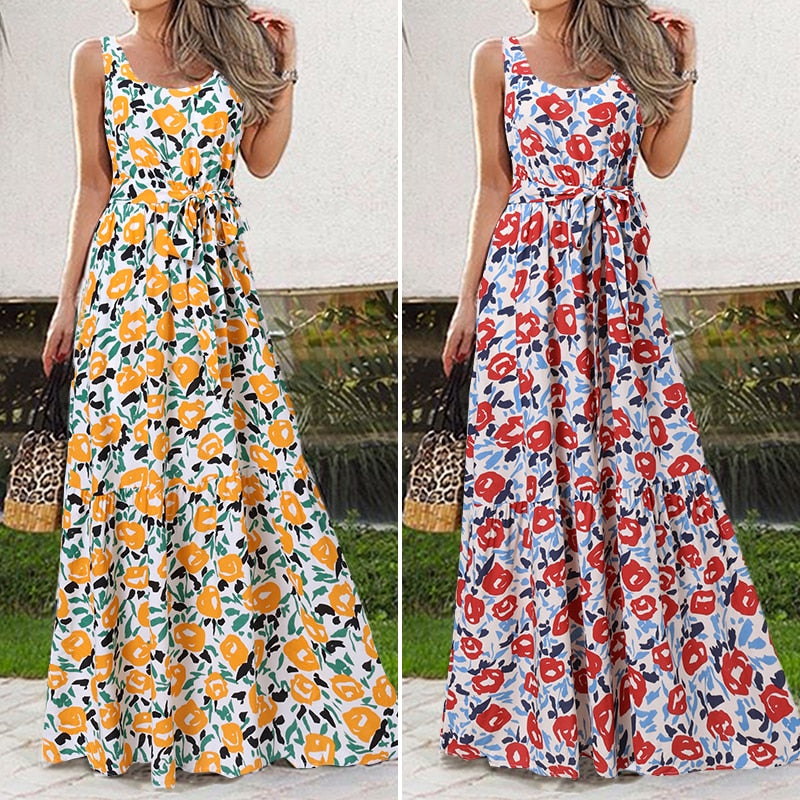 Summer Bohemian Holiday Long Dress Celmia Floral Print Beach Dress Women Sleeveless Maxi Sundress Casual Loose Party Vestidos