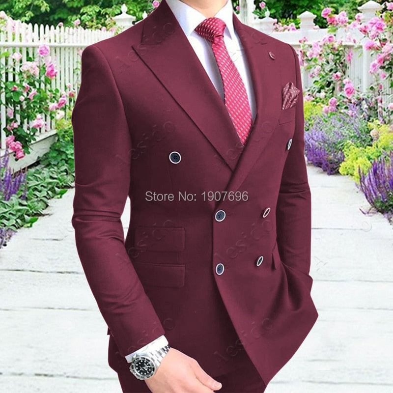 Double Breasted Slim Fit Men Suits for Groomsmen 2 Piece Wedding Tuxedo with Peaked Lapel Gray Male Fashion Costume Jacket Pants